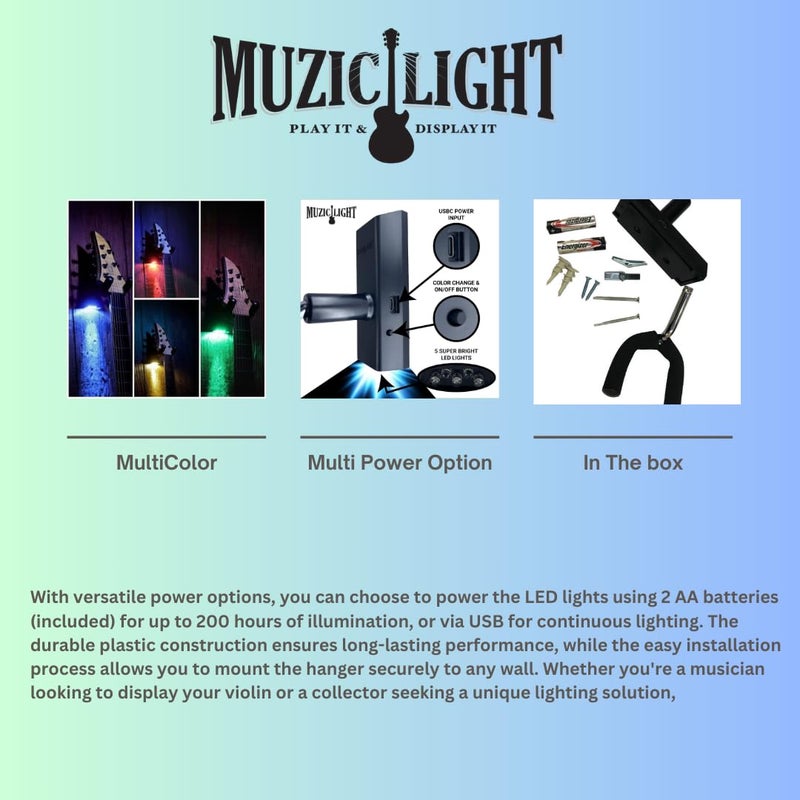 MuzicLight Light Up Wide Neck Guitar Wall Mount Bracket or Holder for Electric Guitars, 7 String Bass, or Concert Acoustic Guitars Using LED for Guitar Display with Ambient Surround Lighting - Image 5
